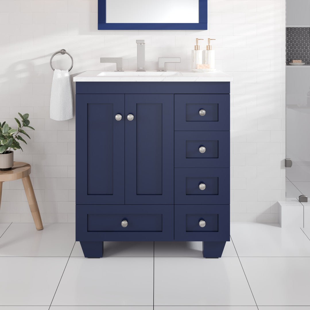 Acclaim 28 in. Blue Single Sink Bath Vanity with Carrara Quartz Top and Undermount Porcelain Sink