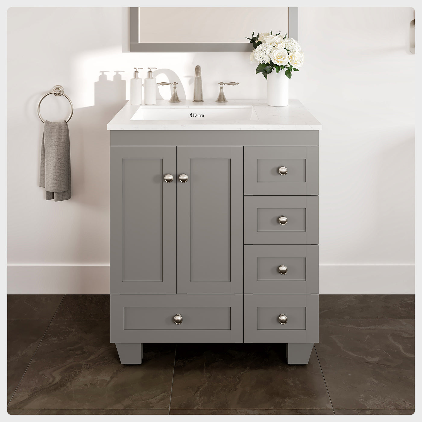 Acclaim 28"W x 22"D Gray Bathroom Vanity with White Carrara Quartz Countertop and Undermount Porcelain Sink