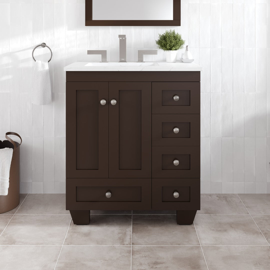 Acclaim 28 in. Teak Single Sink Bath Vanity with Carrara Quartz Top and Undermount Porcelain Sink