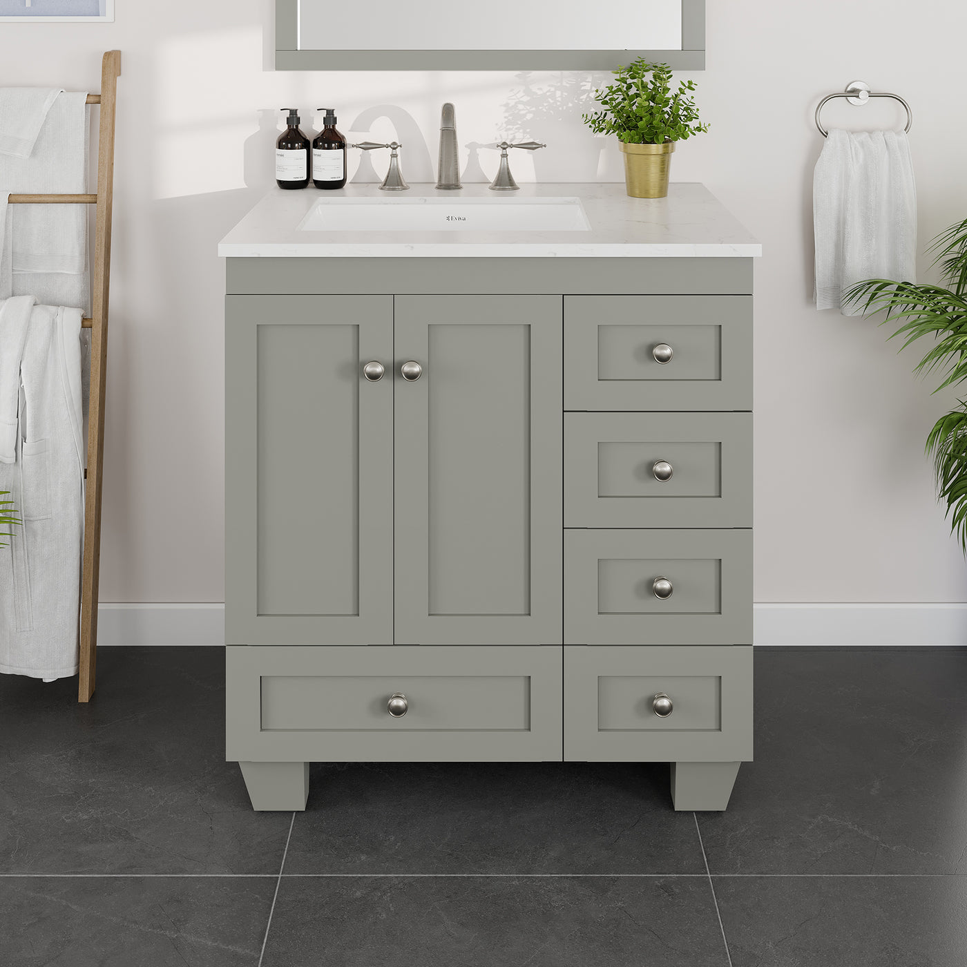 Acclaim 30"W x 22"D Gray Bathroom Vanity with White Carrara Quartz Countertop and Undermount Porcelain Sink