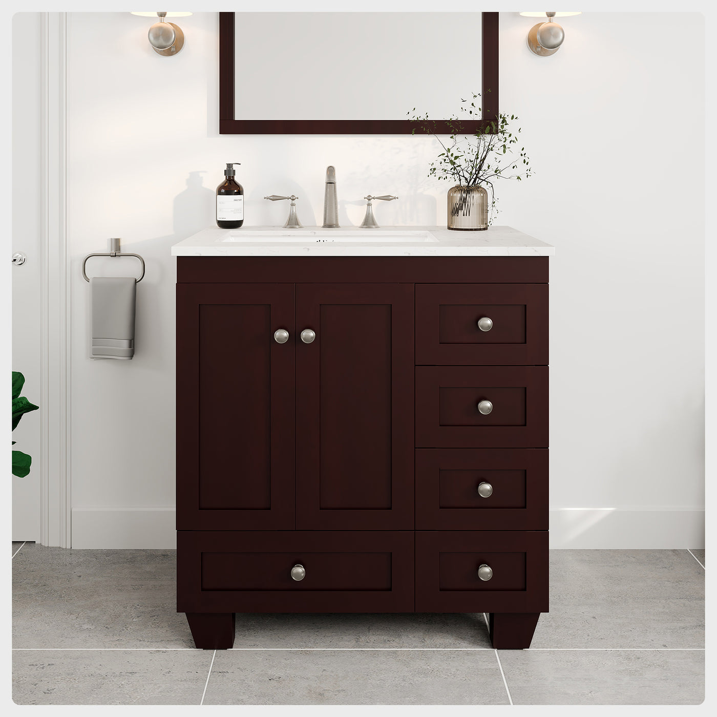 Acclaim 30"W x 22"D Teak Bathroom Vanity with White Carrara Quartz Countertop and Undermount Porcelain Sink