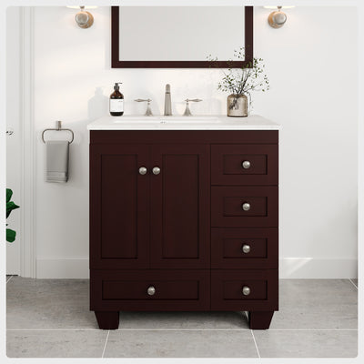 Acclaim 30"W x 22"D Teak Bathroom Vanity with White Carrara Quartz Countertop and Undermount Porcelain Sink