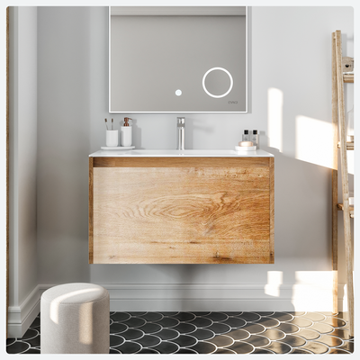 Madeira 36"W x 19"D Oak Wall Mount Bathroom Vanity with White Acrylic Countertop and Integrated Sink