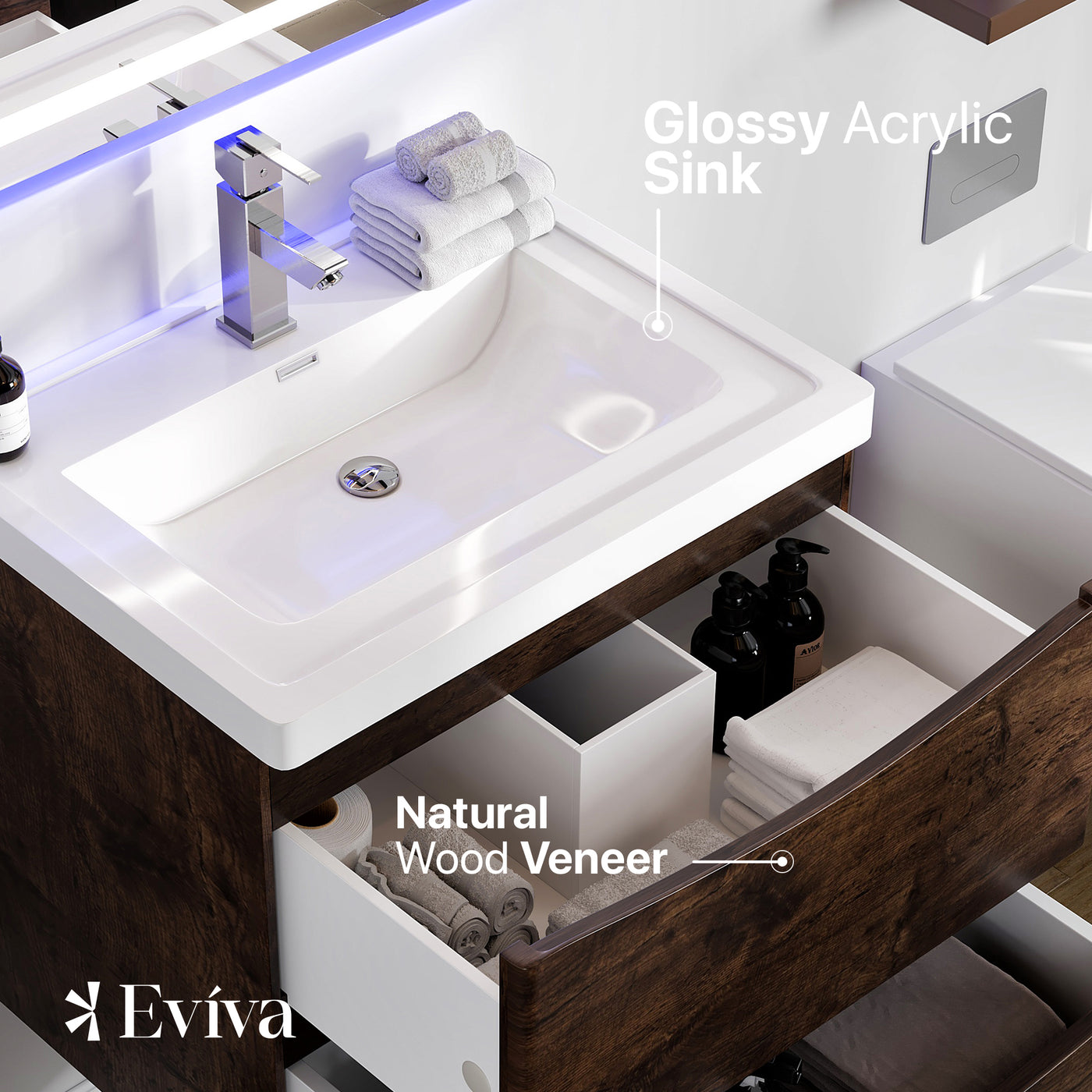 Smile 28"W x 19"D Rosewood Wall Mount Bathroom Vanity with White Acrylic Countertop and Integrated Sink