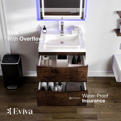 Smile 28"W x 19"D Rosewood Wall Mount Bathroom Vanity with White Acrylic Countertop and Integrated Sink