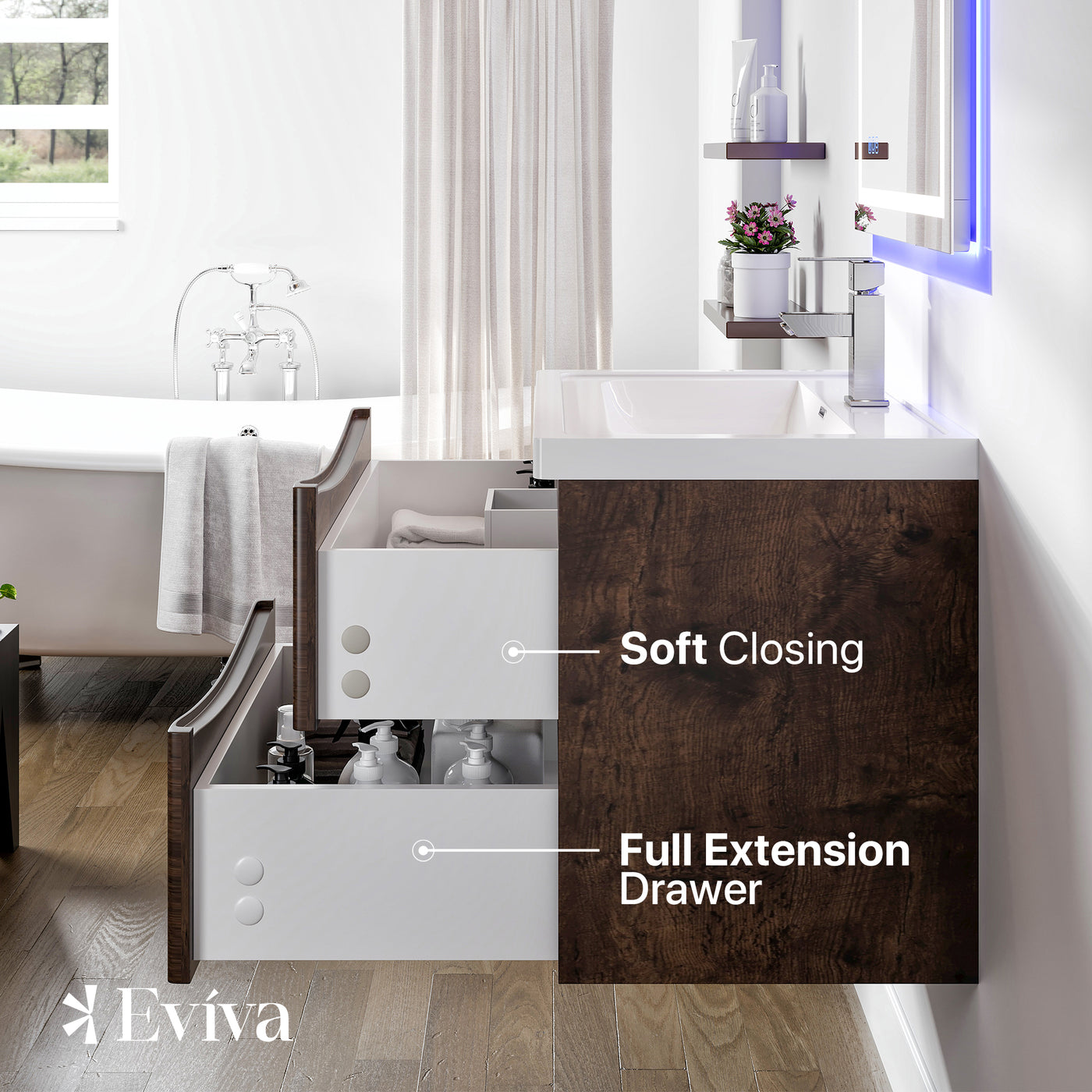 Smile 28"W x 19"D Rosewood Wall Mount Bathroom Vanity with White Acrylic Countertop and Integrated Sink