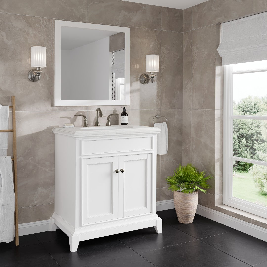 Elite Stamford 30 in. White Single Sink Bath Vanity with Carrara Quartz Top and Undermount Porcelain Sink