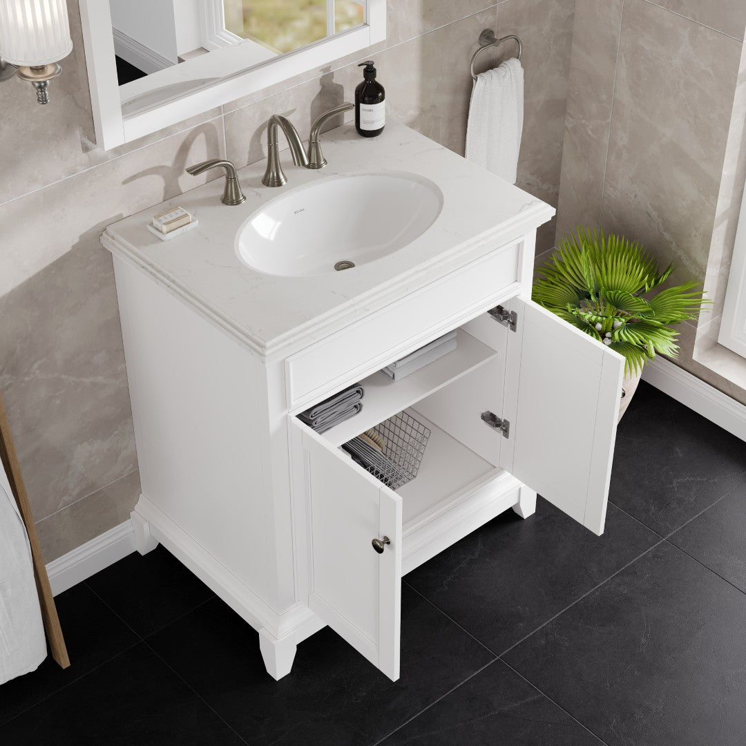 Elite Stamford 30 in. White Single Sink Bath Vanity with Carrara Quartz Top and Undermount Porcelain Sink