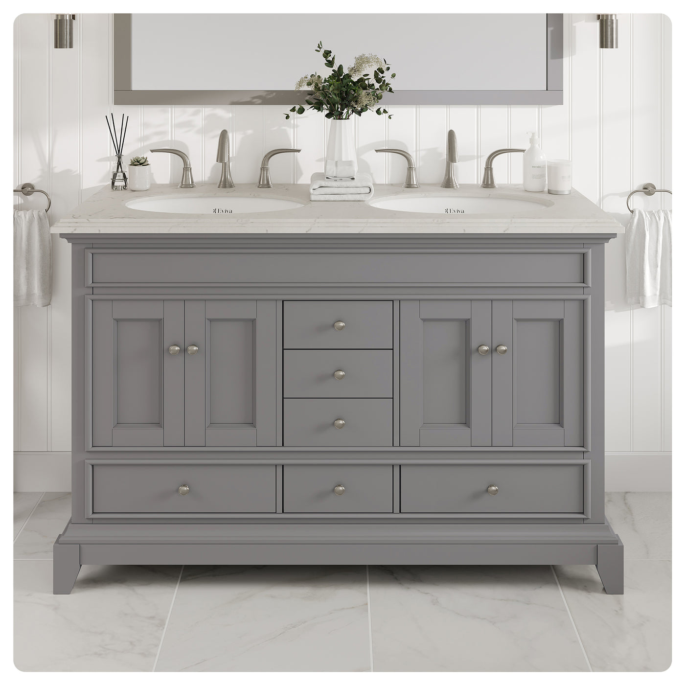 Elite Stamford 48"W x 22"D Gray Double Sink Bathroom Vanity with Double-Ogee White Carrara Quartz Countertop and Undermount Porcelain Sinks