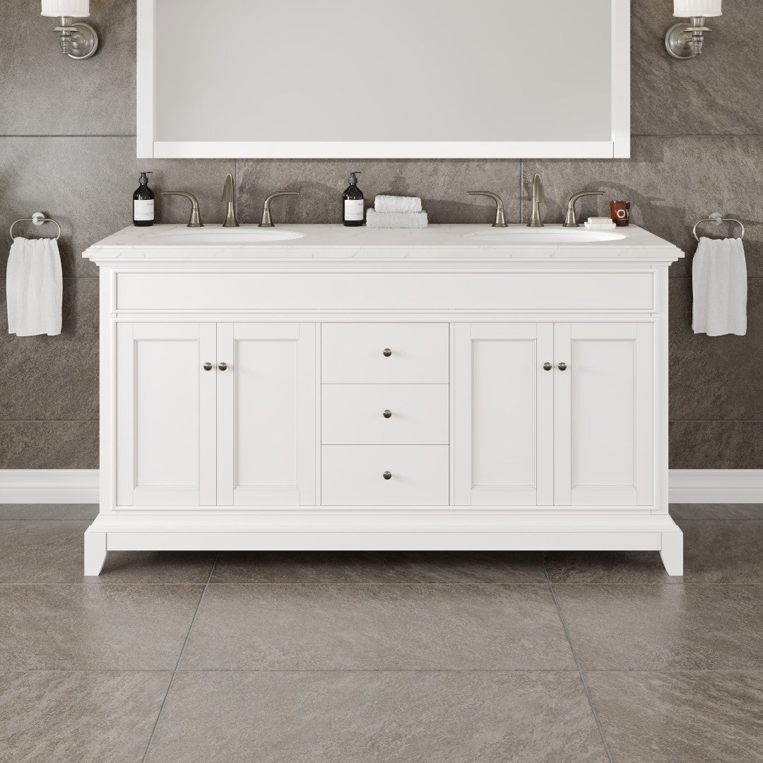 Elite Stamford 60 in. White Double Sink  Bath Vanity with Carrara Quartz Top and Undermount Porcelain Sinks