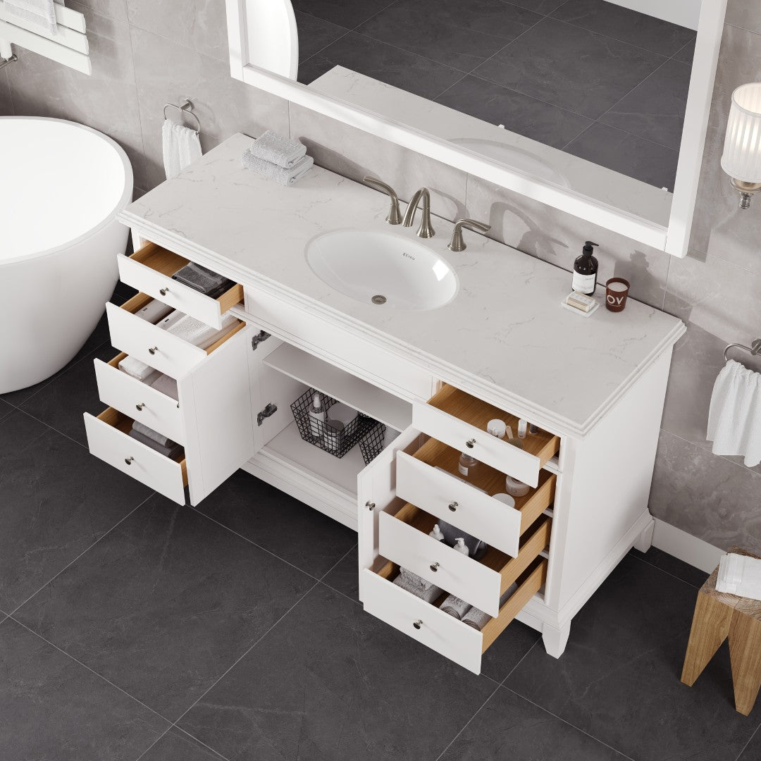 Elite Stamford 60 in. White Single Sink Bath Vanity with Carrara Quartz Top and Undermount Porcelain Sink