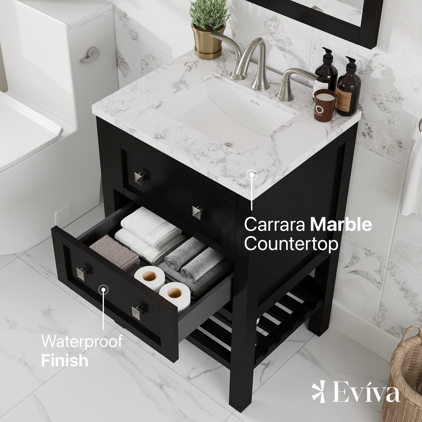 Natalie 24"W x 22"D Espresso Bathroom Vanity with White Carrara Marble Countertop and Undermount Porcelain Sink