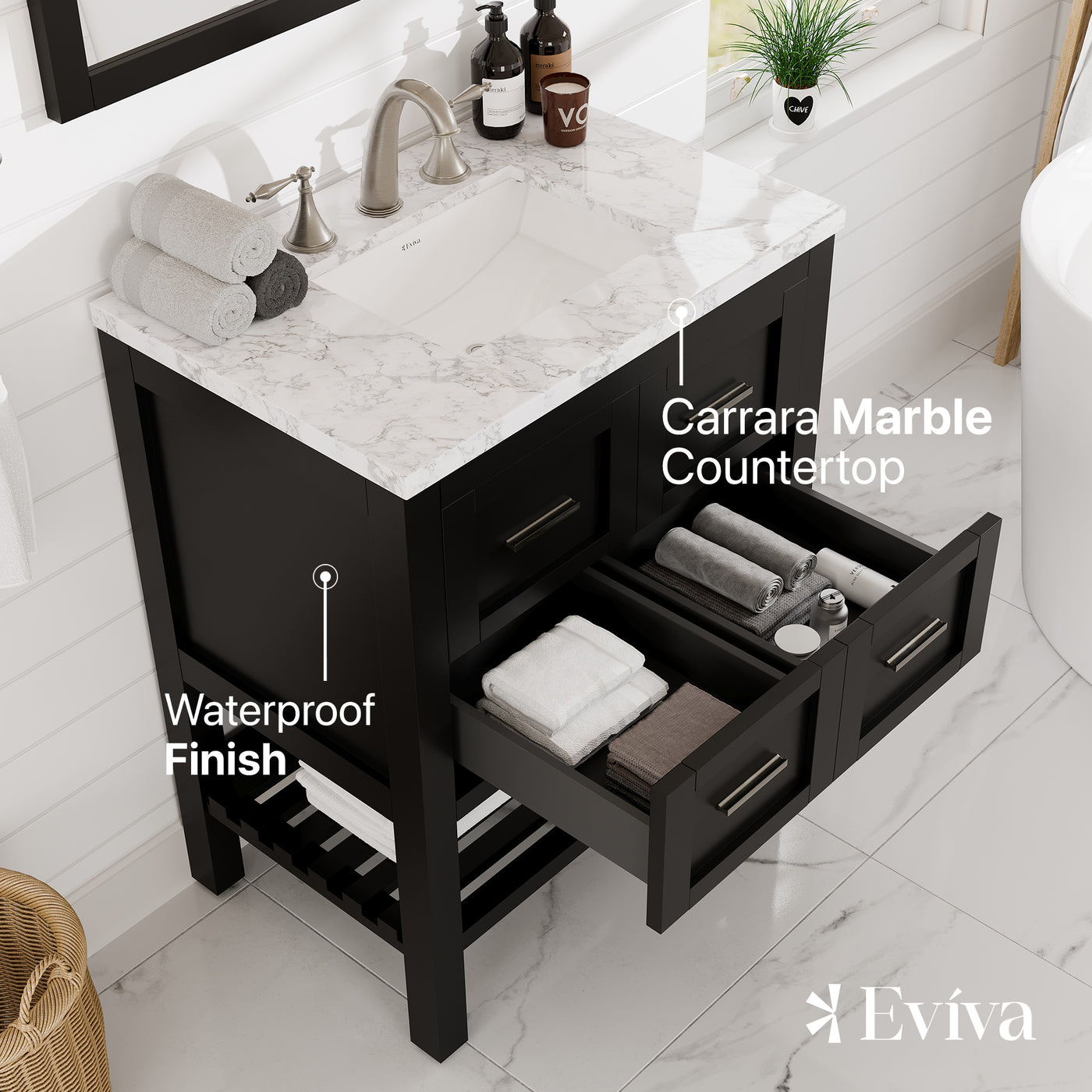 Natalie 30"W x 22"D Espresso Bathroom Vanity with White Carrara Marble Countertop and Undermount Porcelain Sink