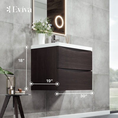 Smile 30"W x 19"D Chestnut Wall Mount Bathroom Vanity with White Acrylic Countertop and Integrated Sink