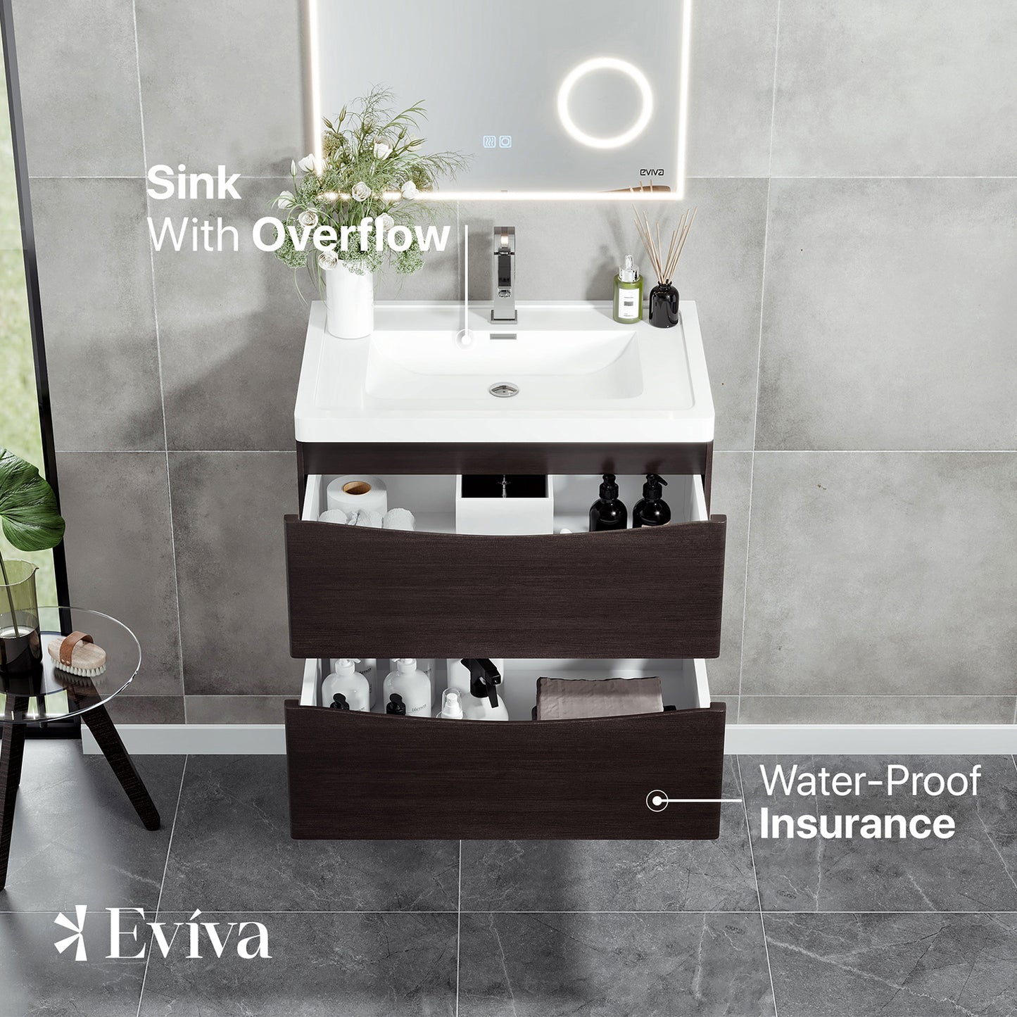 Eviva Smile 30" Chestnut Wall Mount Modern Bathroom Vanity w/ White Integrated Top