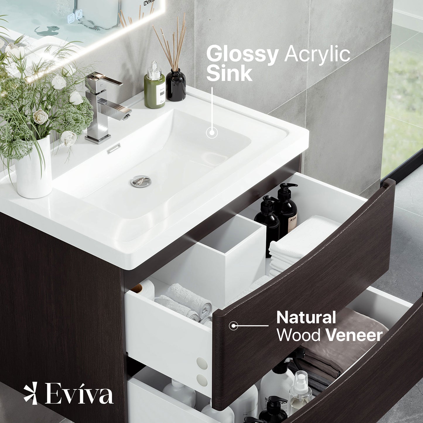 Eviva Smile 30" Chestnut Wall Mount Modern Bathroom Vanity w/ White Integrated Top