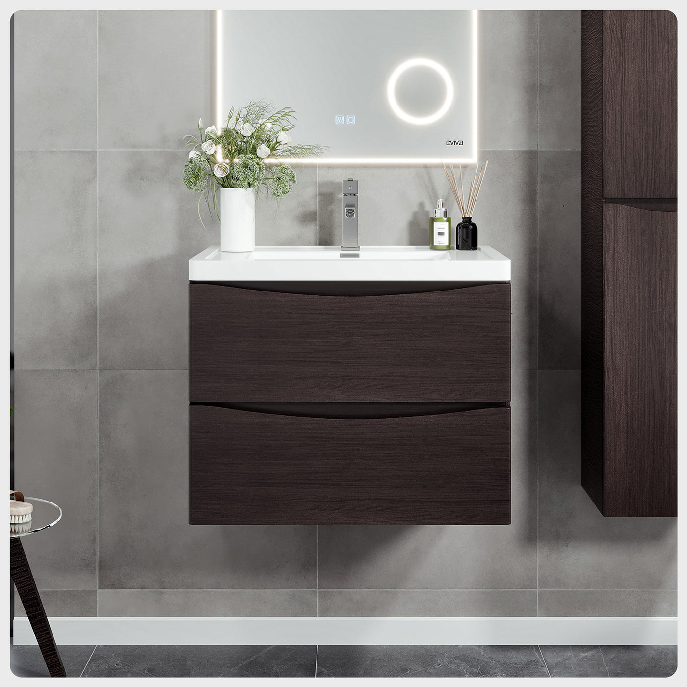 Smile 30"W x 19"D Chestnut Wall Mount Bathroom Vanity with White Acrylic Countertop and Integrated Sink