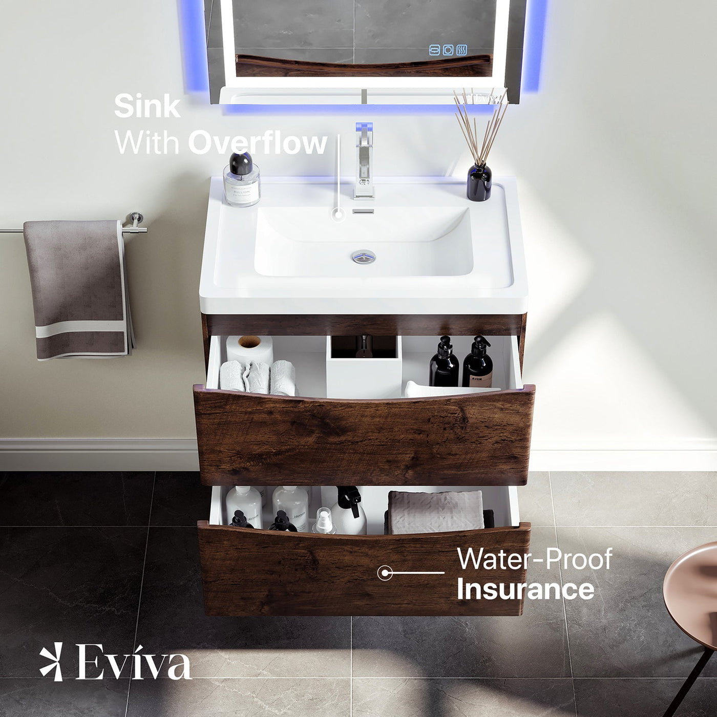 Smile 30"W x 19"D Rosewood Wall Mount Bathroom Vanity with White Acrylic Countertop and Integrated Sink