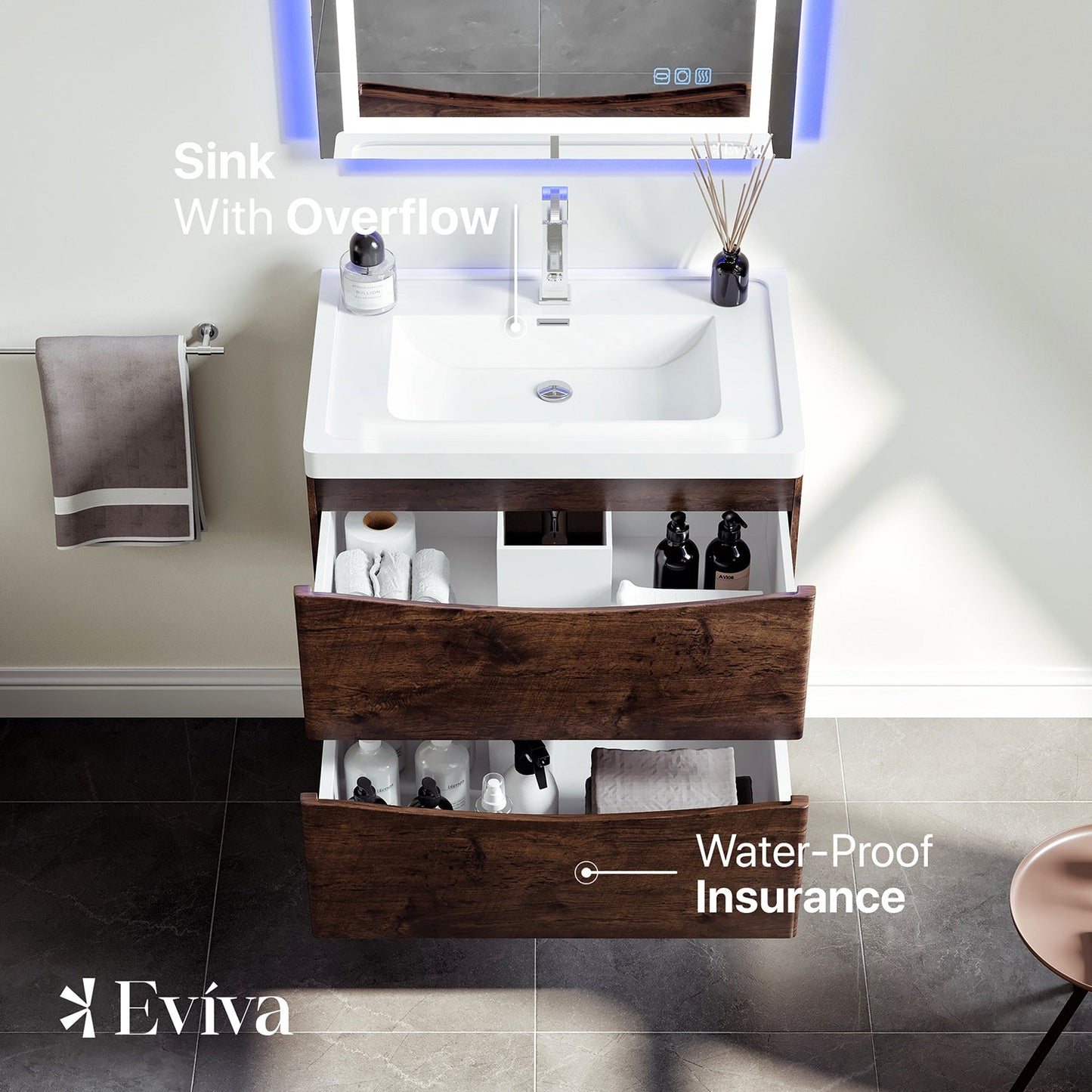 Eviva Smile 30" Rosewood Wall Mount Modern Bathroom Vanity w/ White Integrated Top