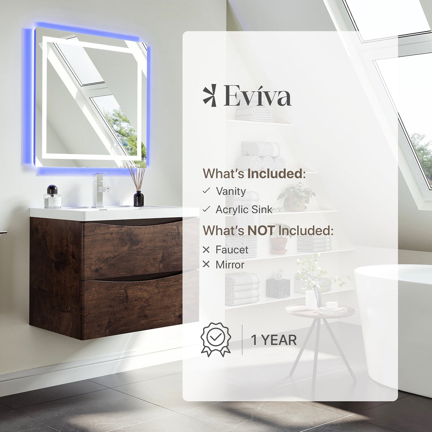 Eviva Smile 30" Rosewood Wall Mount Modern Bathroom Vanity w/ White Integrated Top