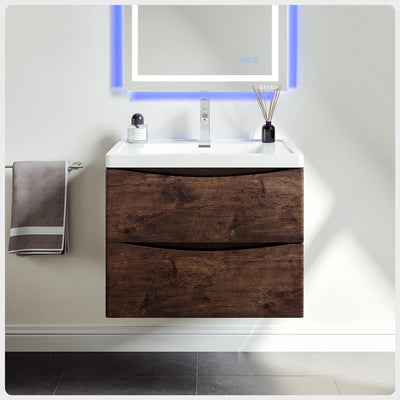 Smile 30"W x 19"D Rosewood Wall Mount Bathroom Vanity with White Acrylic Countertop and Integrated Sink