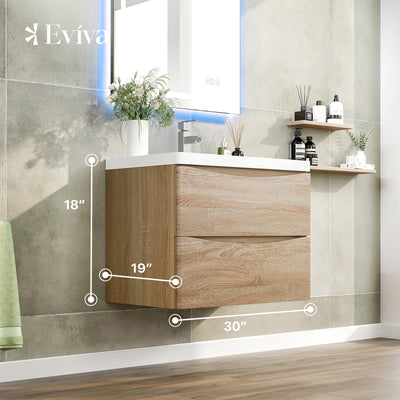 Smile 30"W x 19"D White Oak Wall Mount Bathroom Vanity with White Acrylic Countertop and Integrated Sink