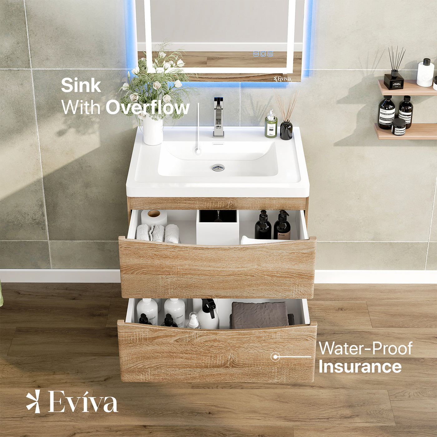 Smile 30"W x 19"D White Oak Wall Mount Bathroom Vanity with White Acrylic Countertop and Integrated Sink