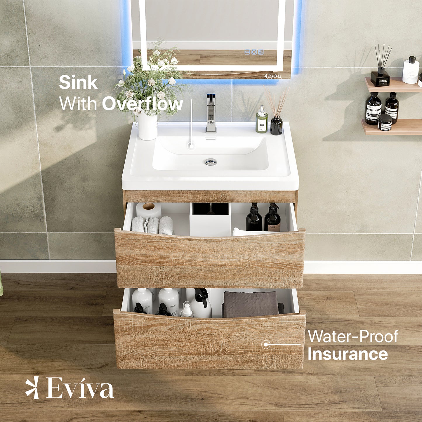 Eviva Smile 30" White Oak Wall Mount Modern Bathroom Vanity w/ White Integrated Top