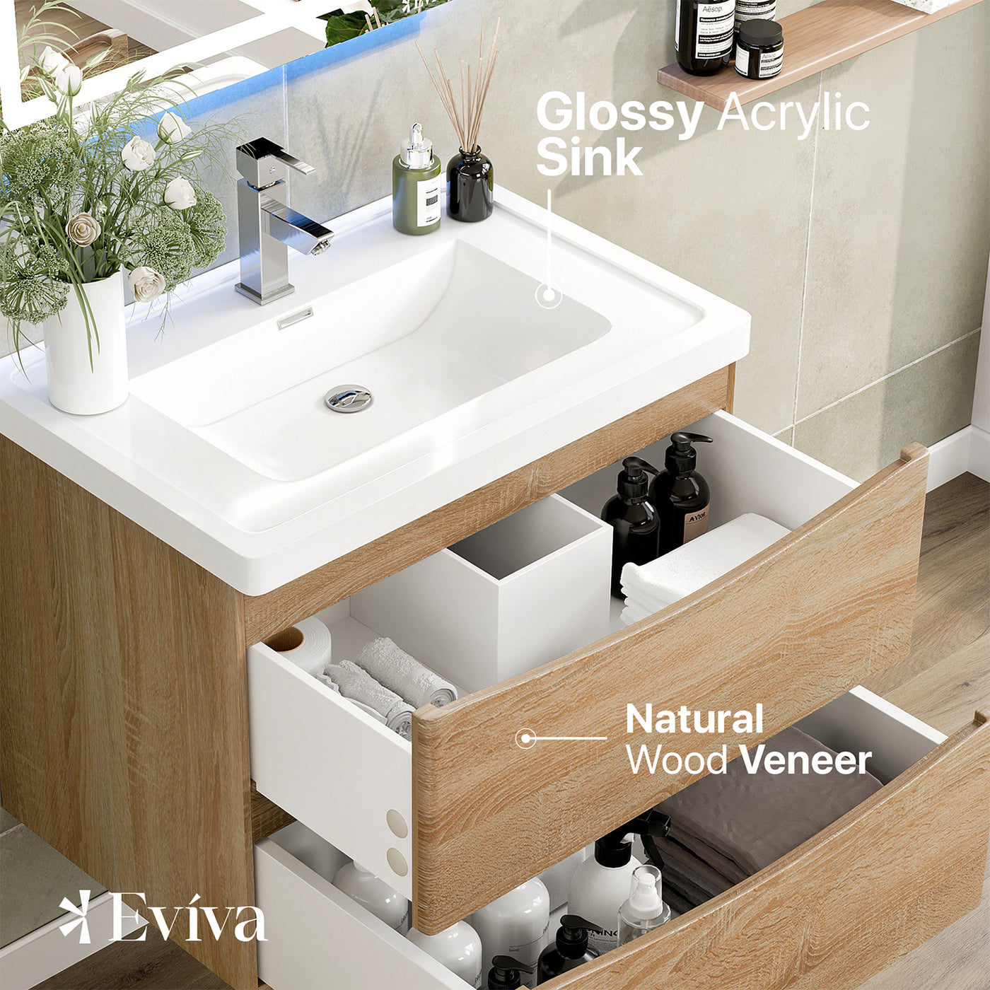 Smile 30"W x 19"D White Oak Wall Mount Bathroom Vanity with White Acrylic Countertop and Integrated Sink