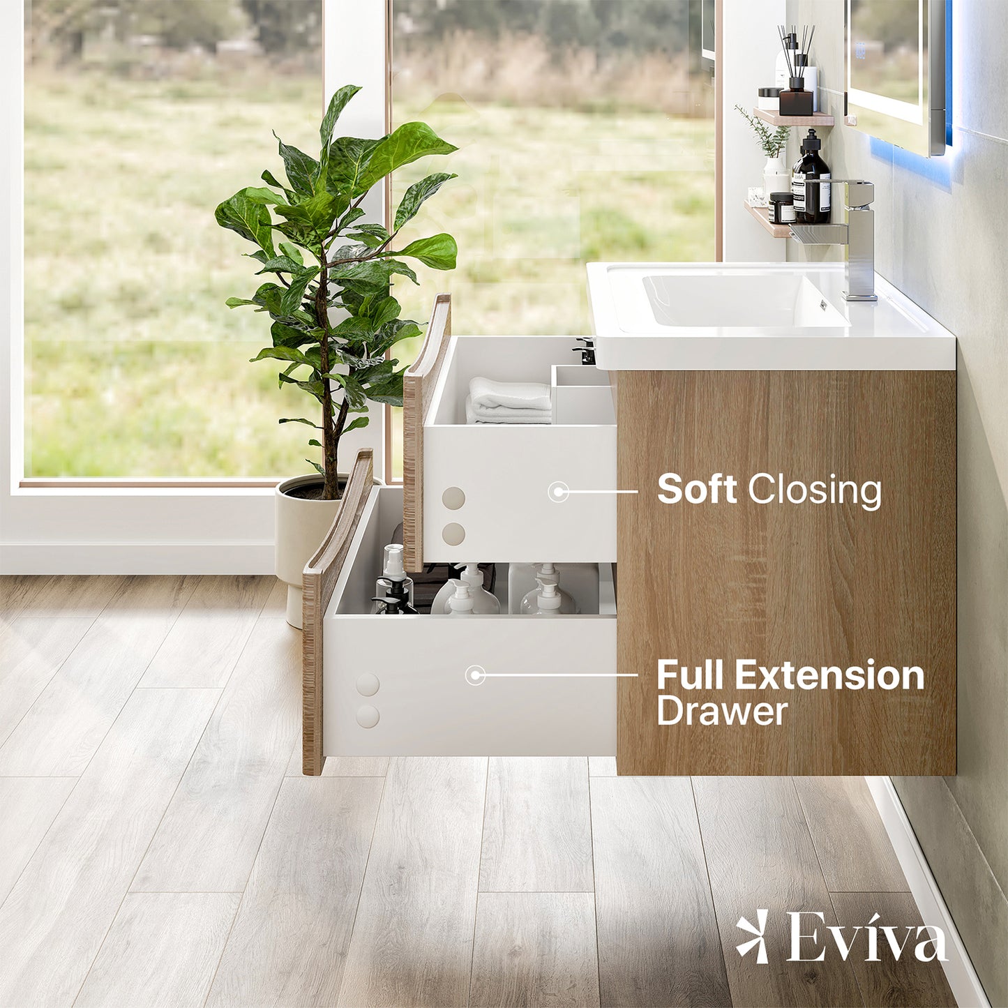 Eviva Smile 30" White Oak Wall Mount Modern Bathroom Vanity w/ White Integrated Top