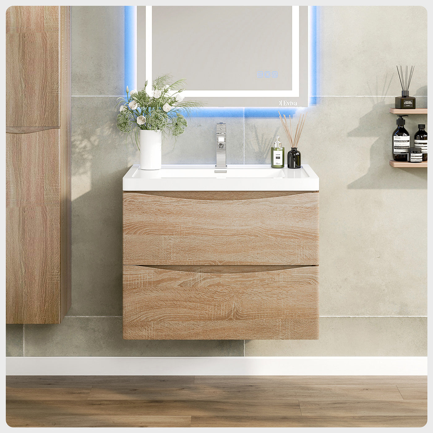 Smile 30"W x 19"D White Oak Wall Mount Bathroom Vanity with White Acrylic Countertop and Integrated Sink