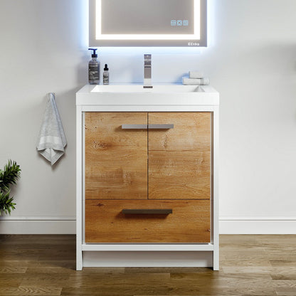 Bathroom vanity with wooden cabinets, white countertop, and digital mirror.