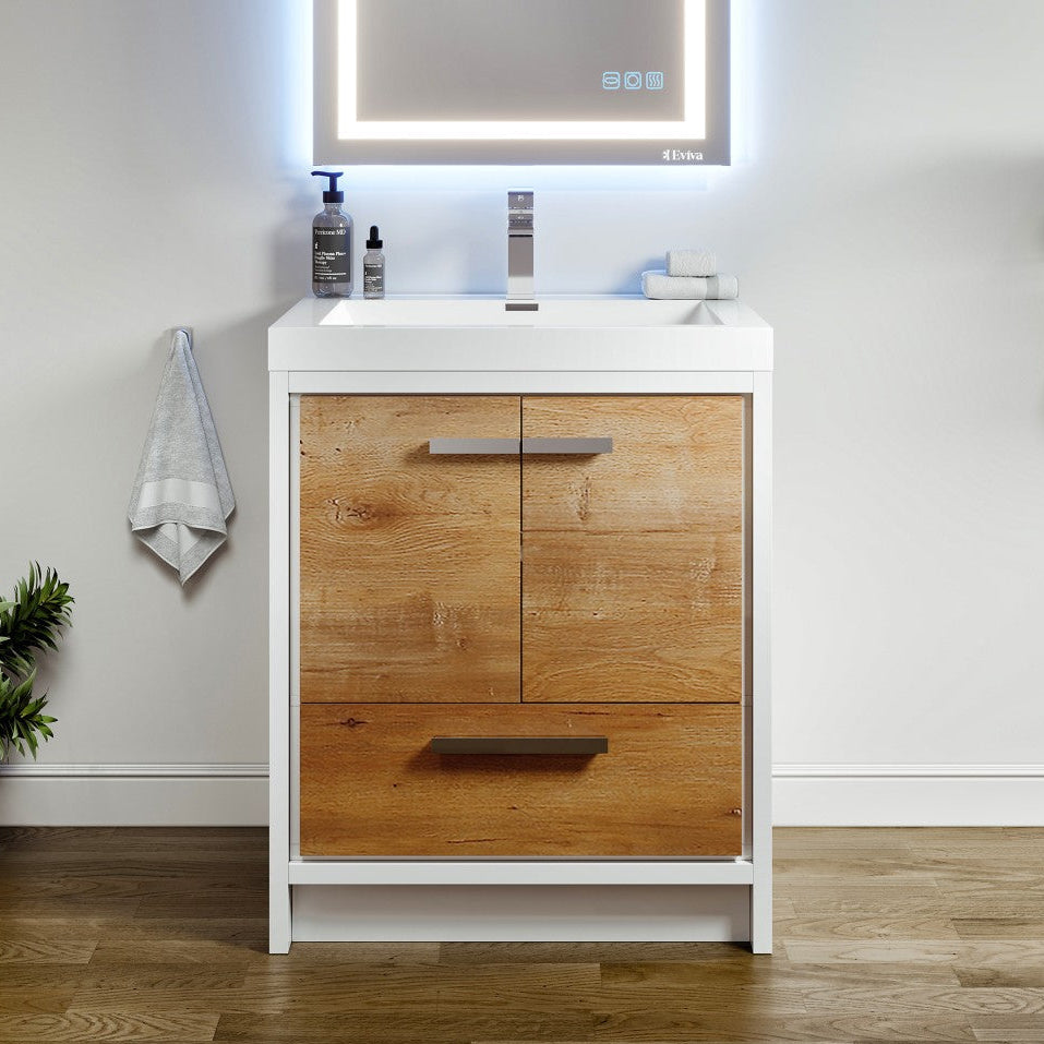 Bathroom vanity with wooden cabinets, white countertop, and digital mirror.
