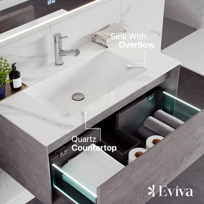 Vista 36"W x 23"D Concrete Gray Wall Mount Bathroom Vanity with White Carrara Quartz Countertop and Undermount Porcelain Sink