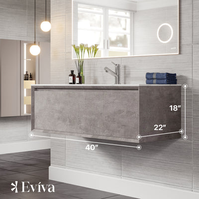 Vista 40"W x 23"D Concrete Gray Wall Mount Bathroom Vanity with White Carrara Quartz Countertop and Undermount Porcelain Sink