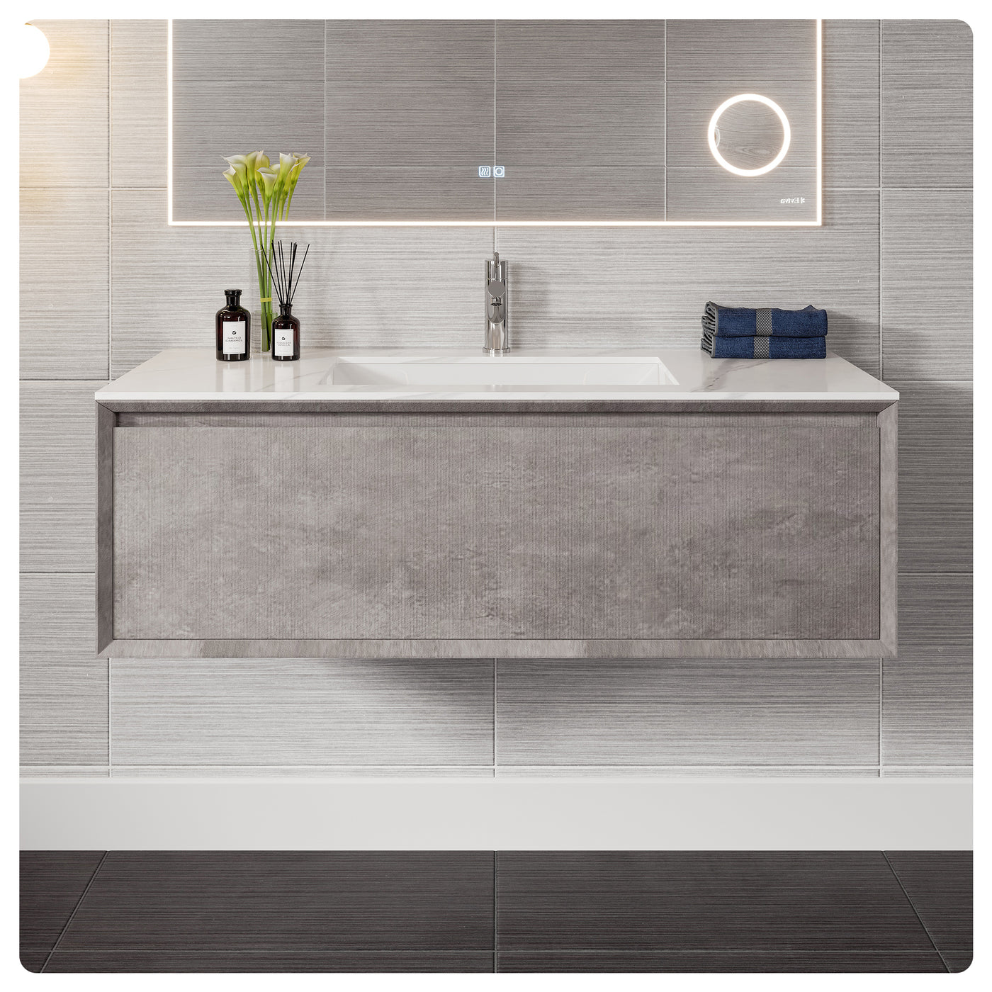 Vista 48"W x 23"D Concrete Gray Wall Mount Bathroom Vanity with White Carrara Quartz Countertop and Undermount Porcelain Sink