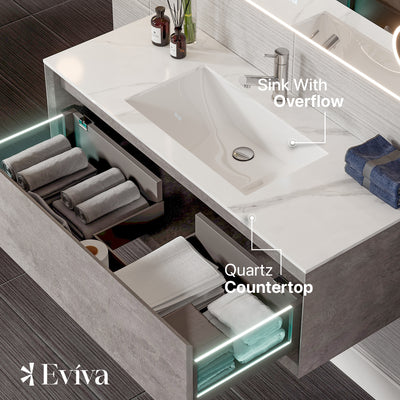 Vista 48"W x 23"D Concrete Gray Wall Mount Bathroom Vanity with White Carrara Quartz Countertop and Undermount Porcelain Sink