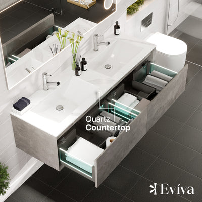 Vista 60"W x 23"D Concrete Gray Wall Mount Double Sink Bathroom Vanity with White Carrara Quartz Countertop and Undermount Porcelain Sinks