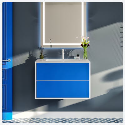 Vienna 36"W x 19"D Blue Wall Mount Bathroom Vanity with White Acrylic Countertop and Integrated Sink