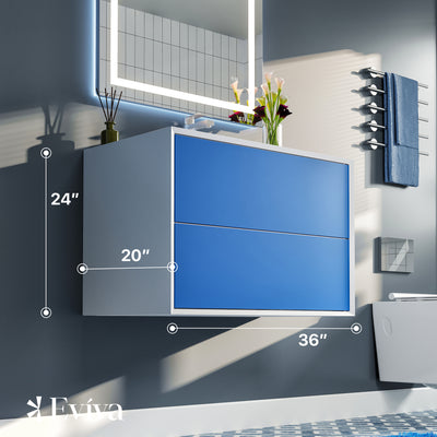 Vienna 36"W x 19"D Blue Wall Mount Bathroom Vanity with White Acrylic Countertop and Integrated Sink