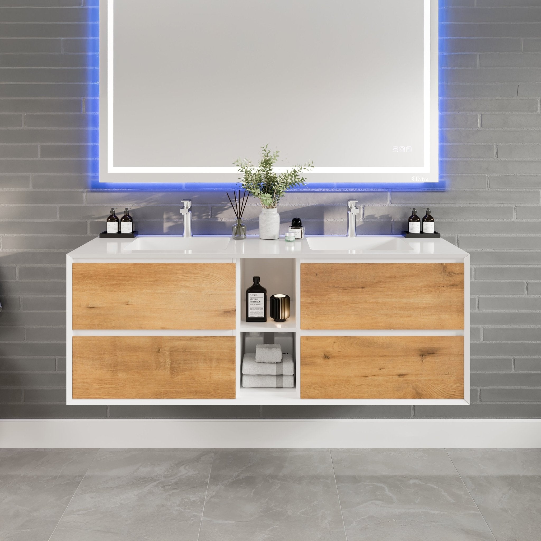 Vienna 60" WH Oak Wall Mount Double Sink Bath Vanity with Acrylic Top and Integrated Sinks - Bathroom Vanity by Eviva