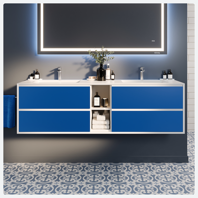 Vienna 75"W x 21"D Blue Wall Mount Double Sink Bathroom Vanity with White Acrylic Countertop and Integrated Sinks