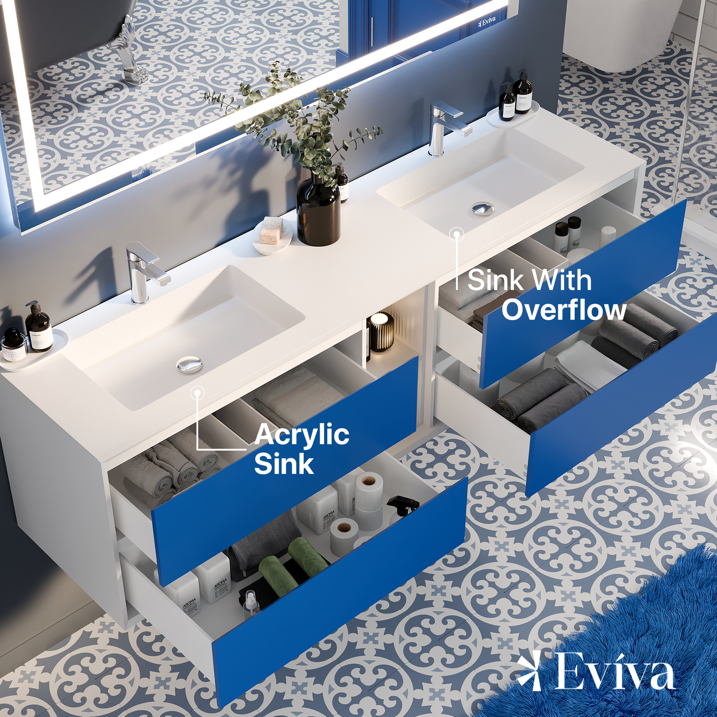 Vienna 75"W x 21"D Blue Wall Mount Double Sink Bathroom Vanity with White Acrylic Countertop and Integrated Sinks