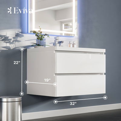 Flair 32"W x 19"D White Wall Mount Bathroom Vanity with White Acrylic Countertop and Integrated Sink