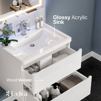 Flair 32"W x 19"D White Wall Mount Bathroom Vanity with White Acrylic Countertop and Integrated Sink