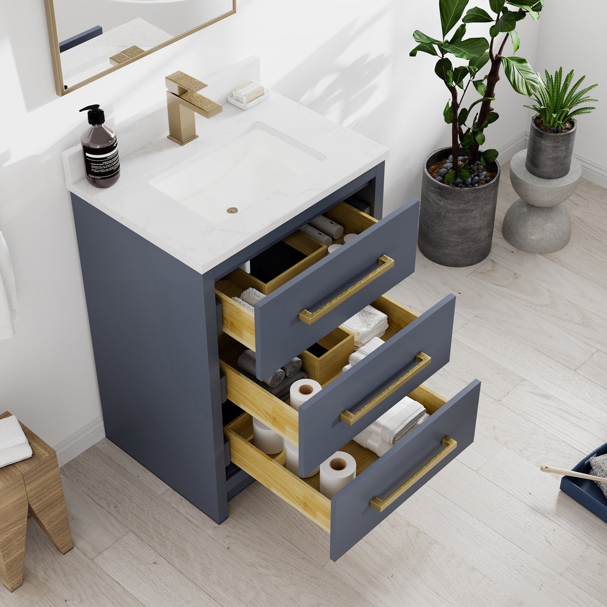 Curio 24 in. Dark Blue Single Sink Bath Vanity with Arabescato Engineered Stone Top and Undermount Porcelain Sink - Bathroom Vanity by Eviva