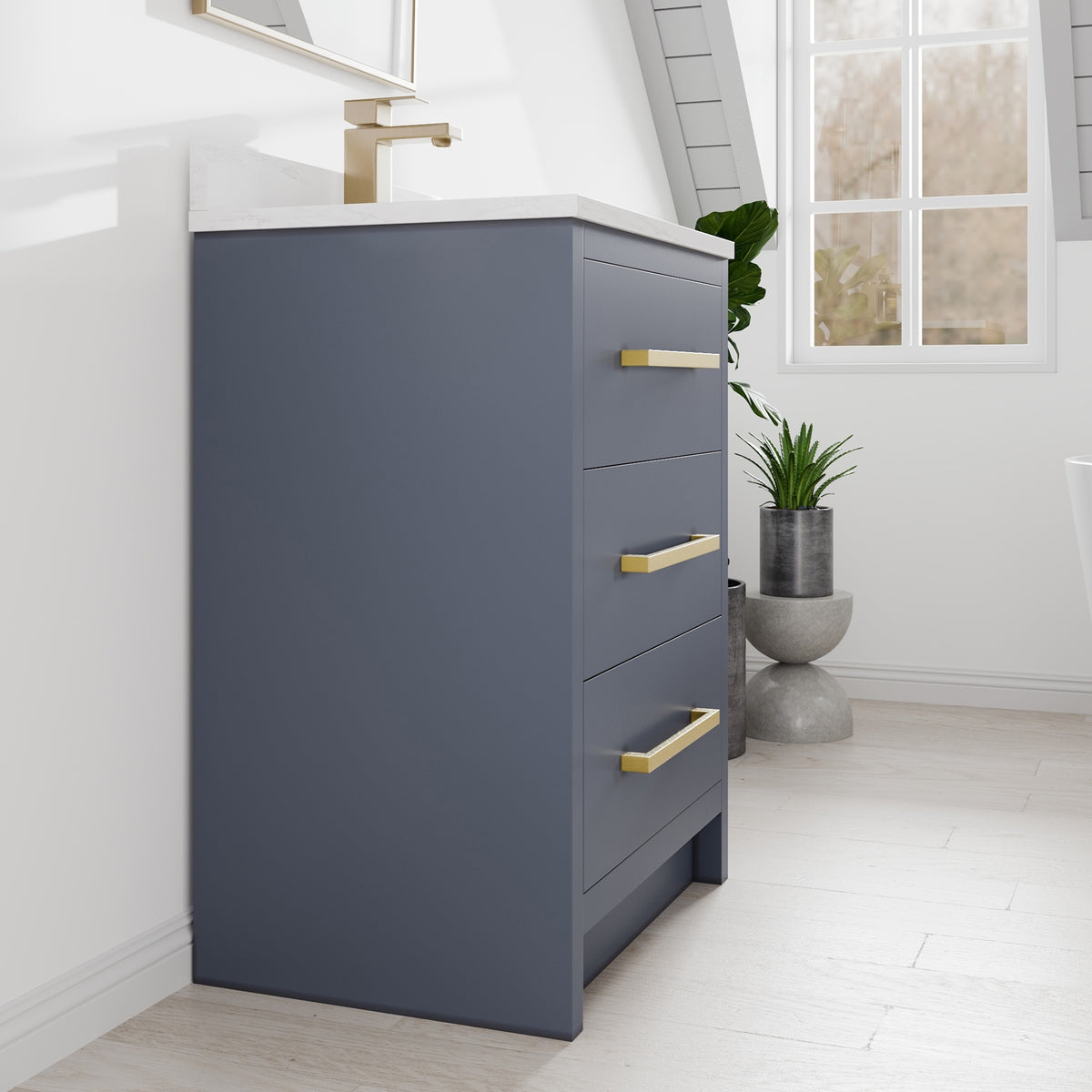 Curio 24 in. Dark Blue Single Sink Bath Vanity with Arabescato Engineered Stone Top and Undermount Porcelain Sink - Bathroom Vanity by Eviva