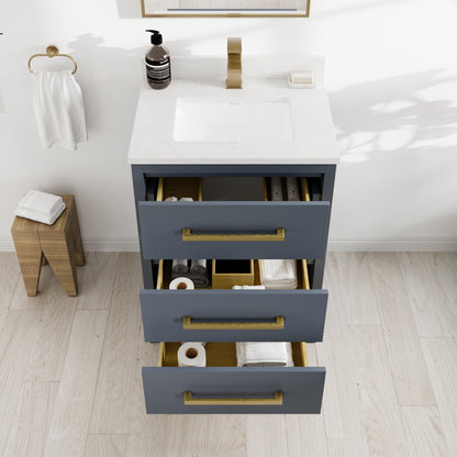Curio 24 in. Dark Blue Single Sink Bath Vanity with Arabescato Engineered Stone Top and Undermount Porcelain Sink - Bathroom Vanity by Eviva