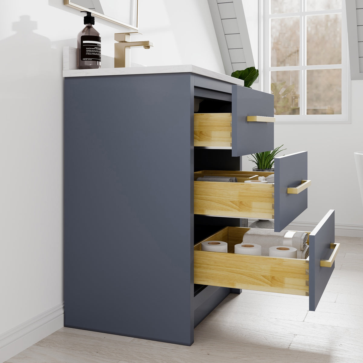Curio 24 in. Dark Blue Single Sink Bath Vanity with Arabescato Engineered Stone Top and Undermount Porcelain Sink - Bathroom Vanity by Eviva