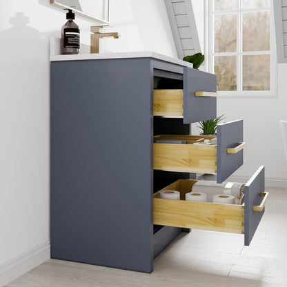 Curio 24 in. Dark Blue Single Sink Bath Vanity with Arabescato Engineered Stone Top and Undermount Porcelain Sink - Bathroom Vanity by Eviva